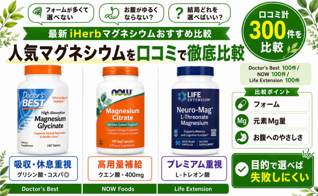 iHerbマグネシウムおすすめ比較｜グリシン酸(Doctor's Best)・クエン酸(NOW)・L-トレオン酸(Life Extension)を口コミ300件で徹底比較｜オーガニックLab