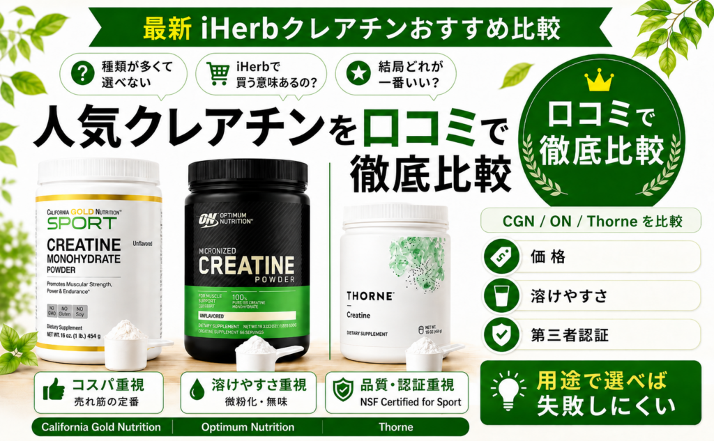 iHerbのクレアチンおすすめ3製品（CGN・Optimum Nutrition・Thorne）を口コミで徹底比較する記事のアイキャッチ｜オーガニックLab