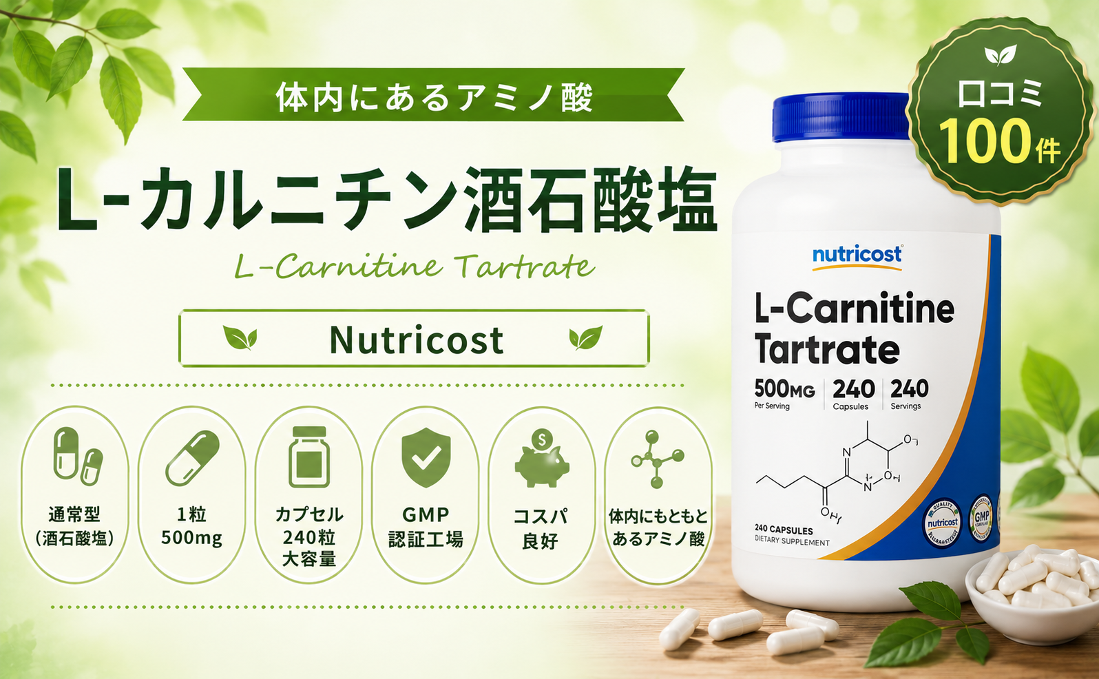 Nutricost L-カルニチン酒石酸塩 通常型・500mg・240カプセル・GMP