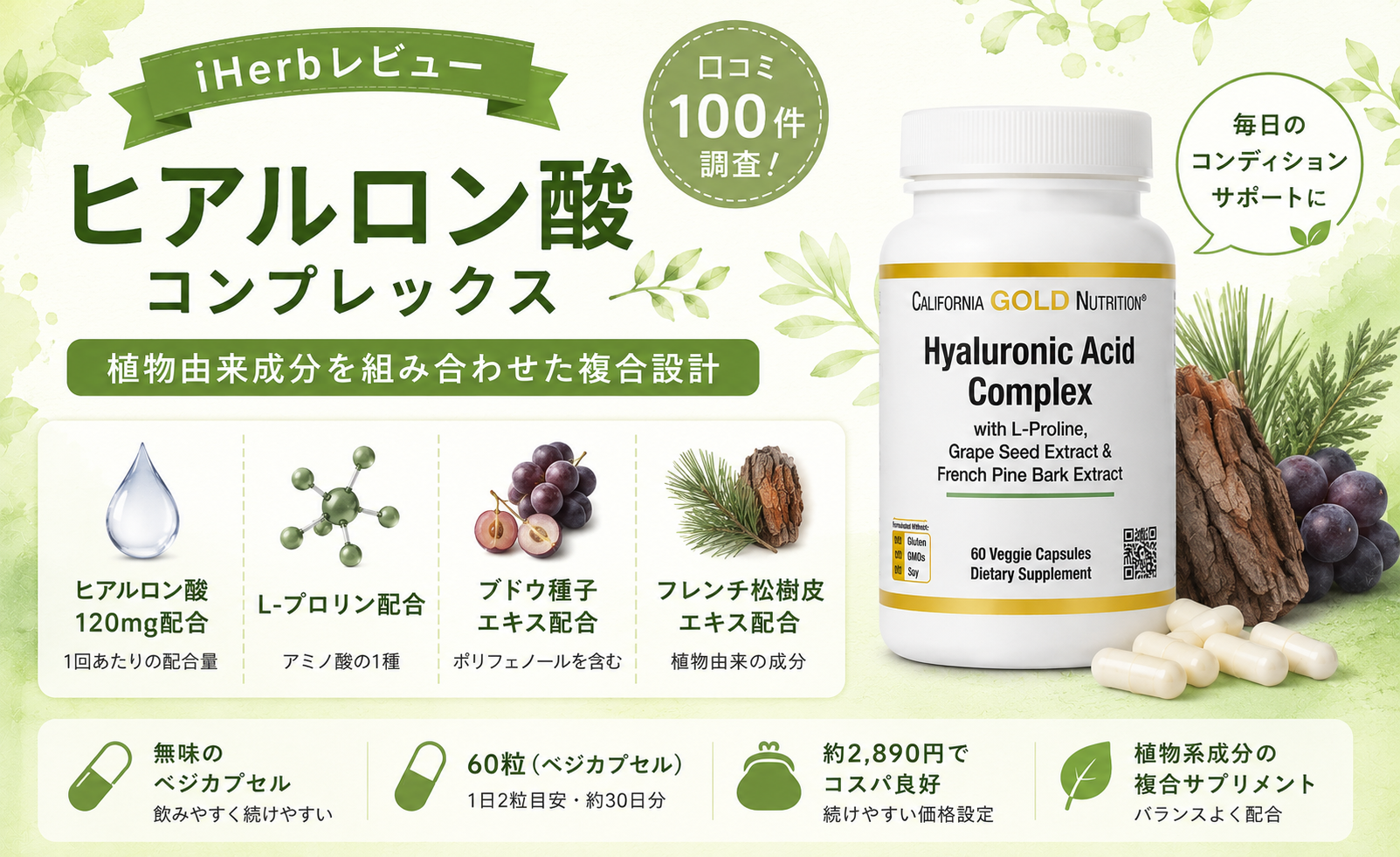 California Gold Nutrition ヒアルロン酸コンプレックス L-プロリン ブドウ種子 松樹皮 口コミ100件レビュー