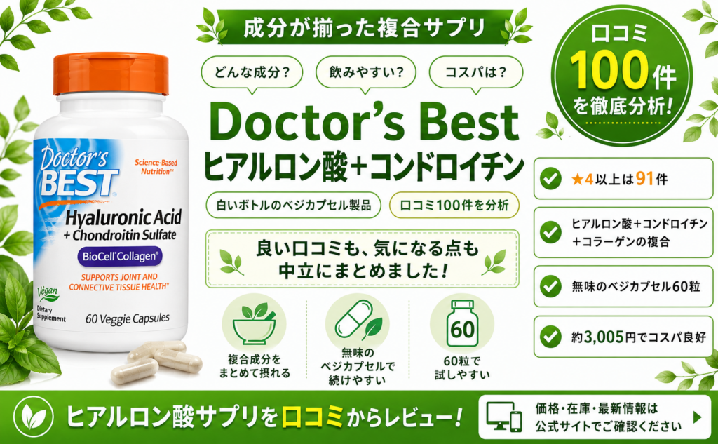 Doctor's Best ヒアルロン酸＋コンドロイチン BioCellコラーゲン 複合 口コミ100件レビュー