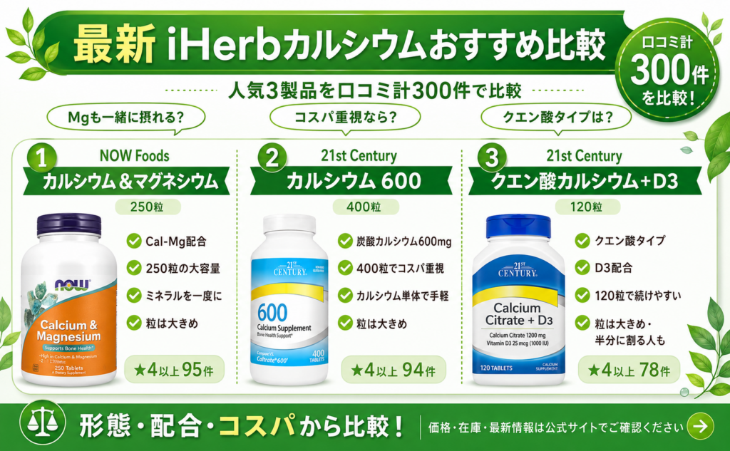 iHerb カルシウムおすすめ比較｜Cal-Mg・炭酸・クエン酸を口コミで解説
