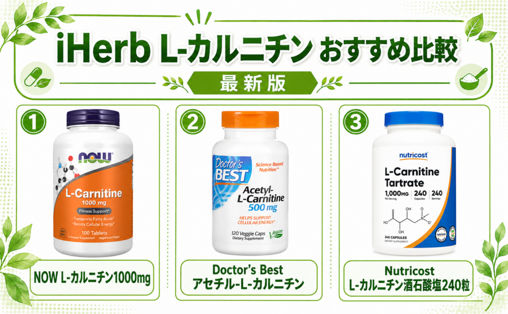 iHerb L-カルニチン おすすめ比較 NOW 1000mg DoctorsBest アセチル Nutricost 酒石酸塩 種類形態コスパ比較