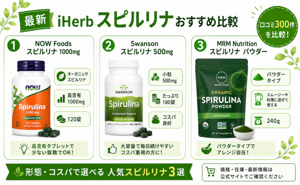 iHerb スピルリナおすすめ比較 NOW・Swanson・MRM 高含有/小粒/パウダー 形態で比較