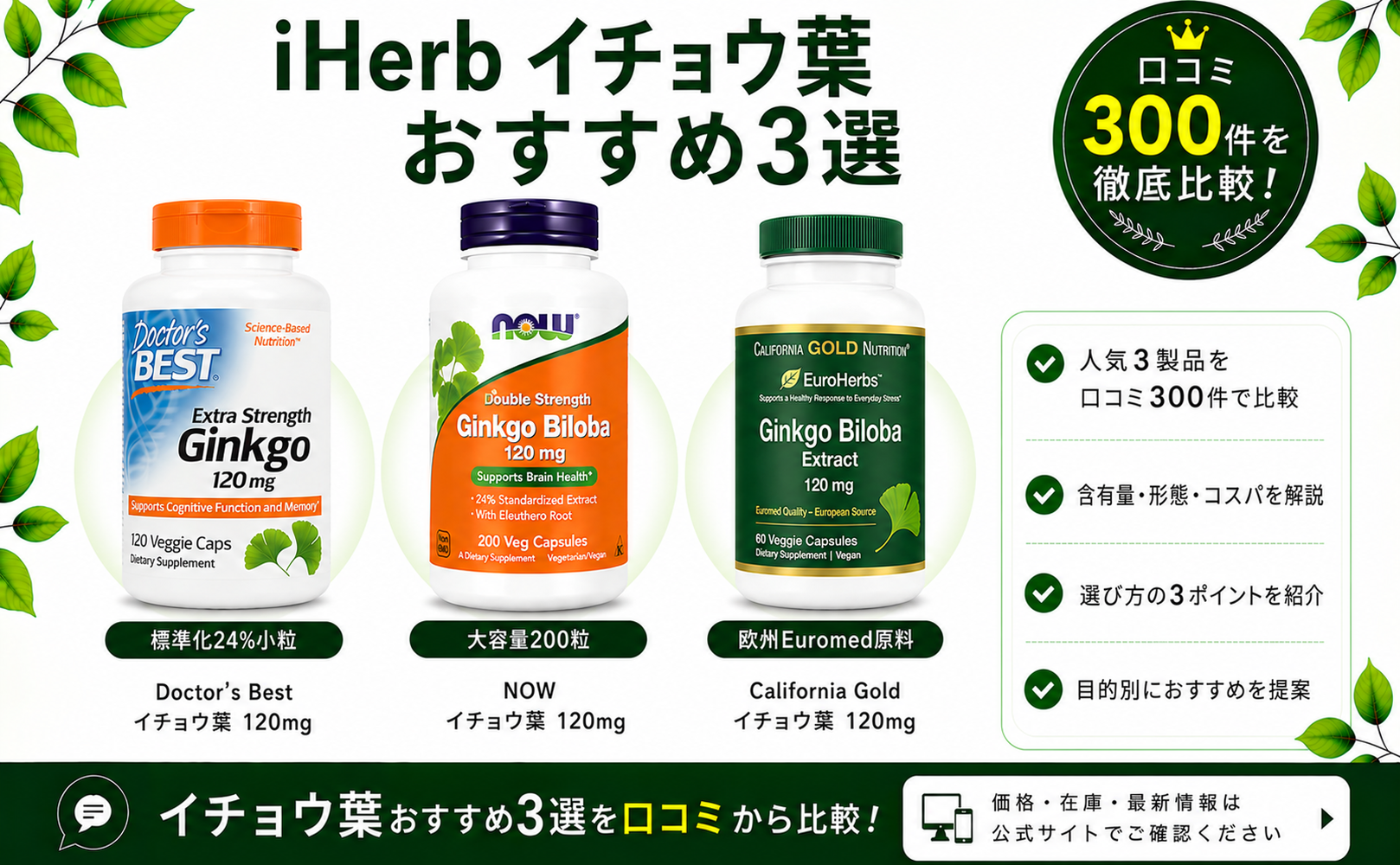 iHerb イチョウ葉 おすすめ3選 口コミ300件を徹底比較